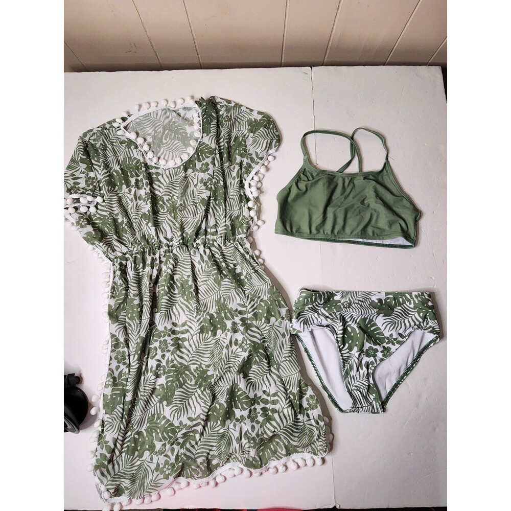 Bikini Set 3-piece Girls 12Y Green White Floral Swimsuit Cover-up Pom Tassels